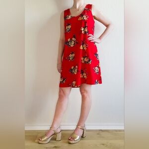 Charming Charlie Red Floral Shift Midi Dress, Size M